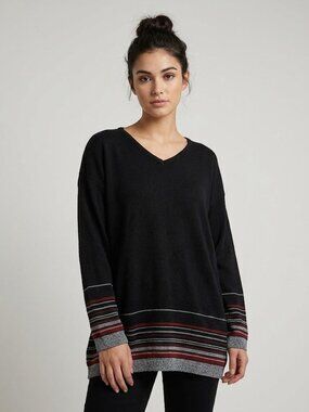 Striped Black V-Neck Sweater Womens Casual Lightweight Knit USA-Made Vintage